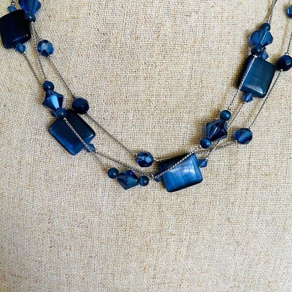 Lia Sophia Cobalt Blue Three Strand Glass Beaded Necklace - Picture 2 of 2